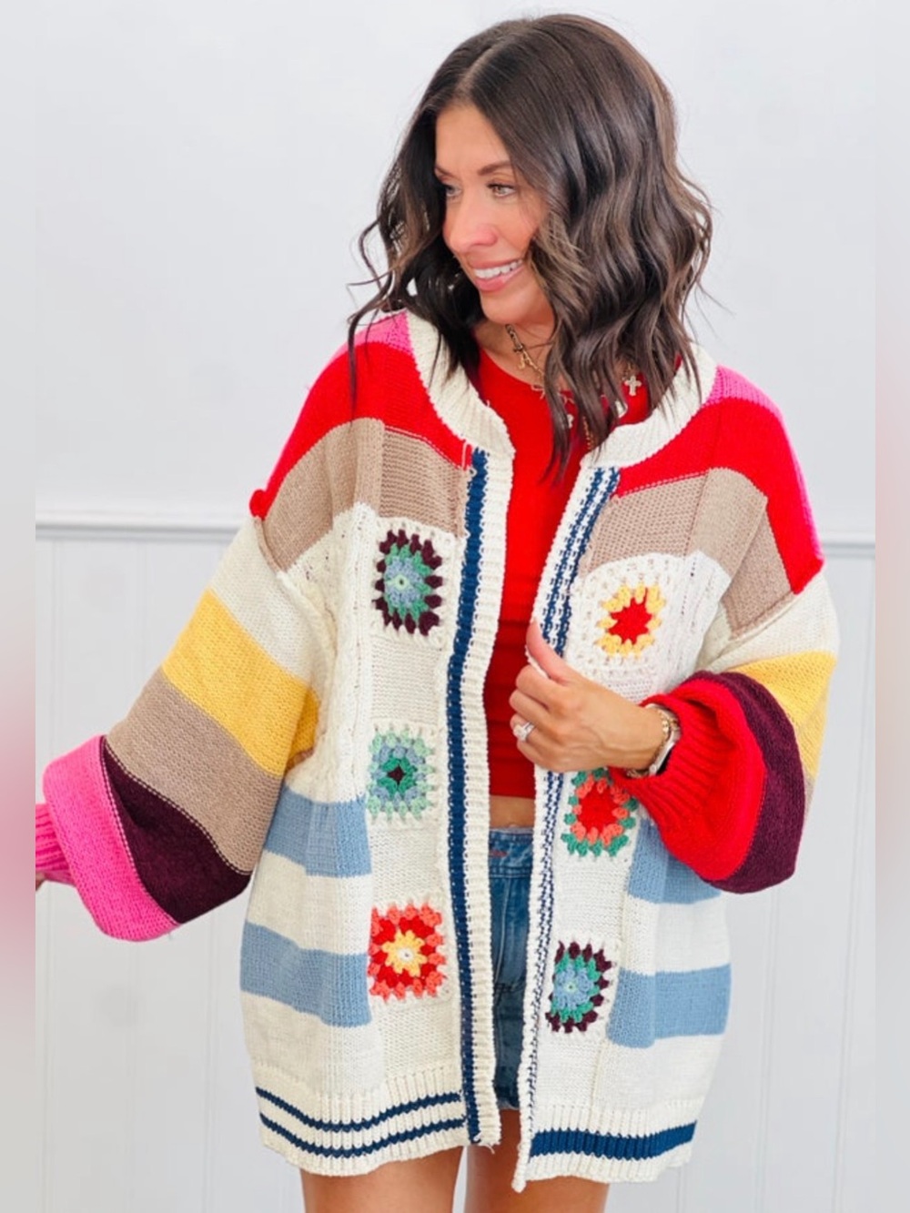 Colorblock Crochet Patchwork Cardigan Sweater - Cream Multi
